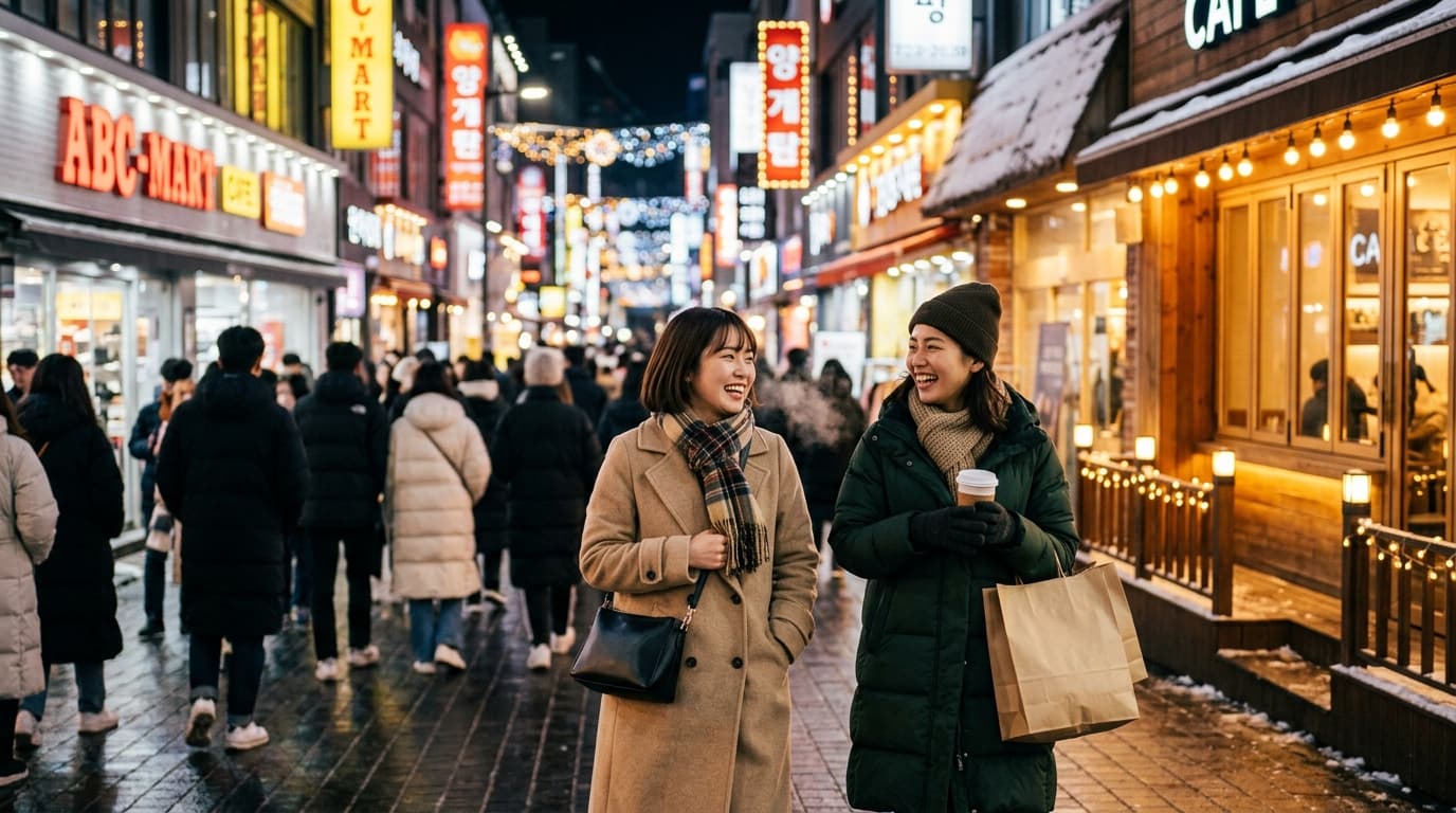 明洞の冬の夜景とイルミネーションを楽しむ日本人女性たち