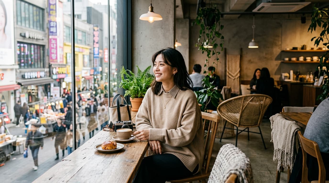 明洞のおしゃれなカフェで過ごす日本人女性の様子