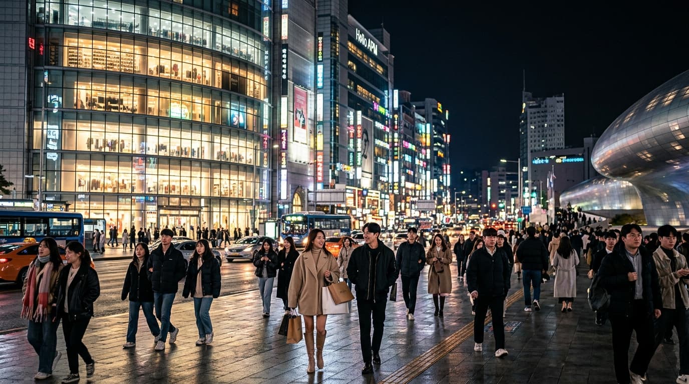 東大門ショッピングモールの夜景と歩く買い物客