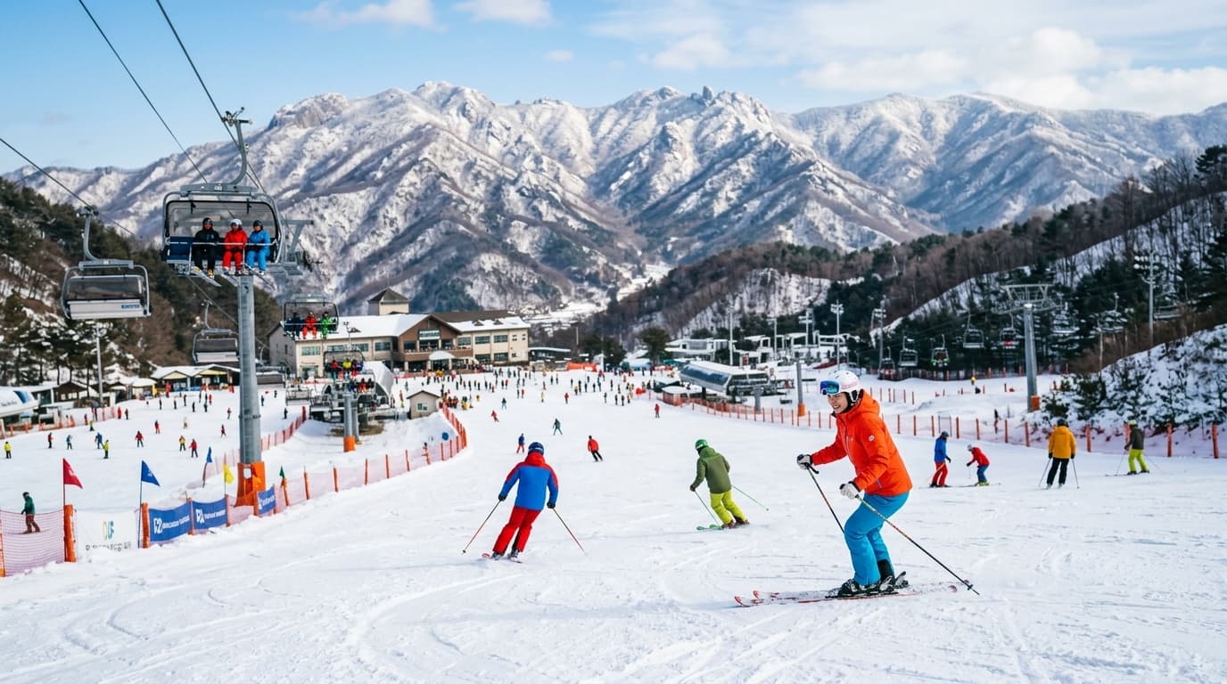 エリシアン江村スキー場の雪景色と滑っているスキーヤー達の写真