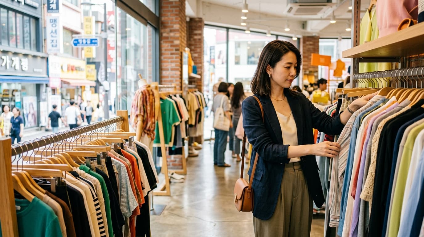 明洞のファッションショップで服を選ぶ日本人女性の様子