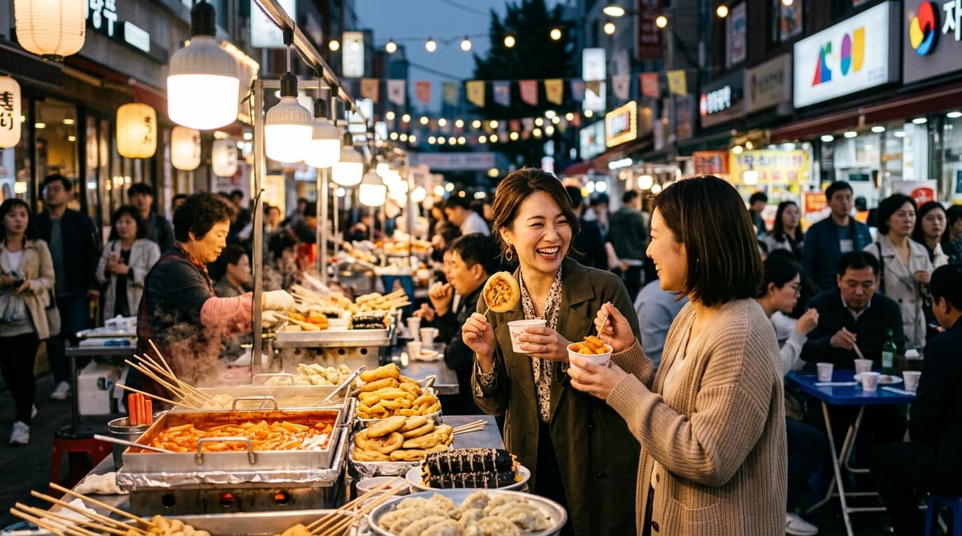 韓国・ソウルの屋台市場で30代日本人女性が食べ歩きを楽しむ様子