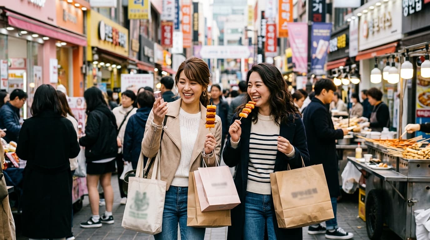 明洞の賑やかな通りでコスメを買い、屋台グルメを楽しむ日本人女性ふたり