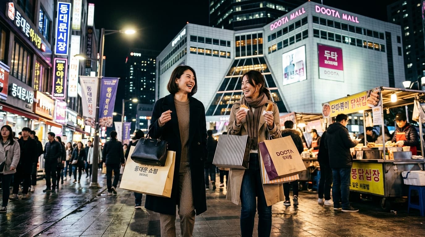 東大門で夜ショッピングを楽しむ日本人女性2人の自然な写真