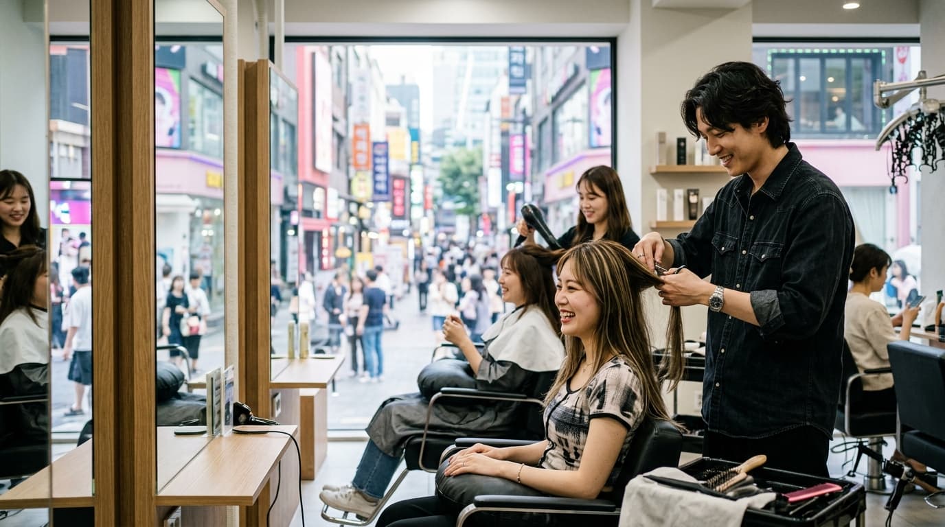 明洞の韓国ヘアサロンでK-スタイルに変身する日本人観光客の様子