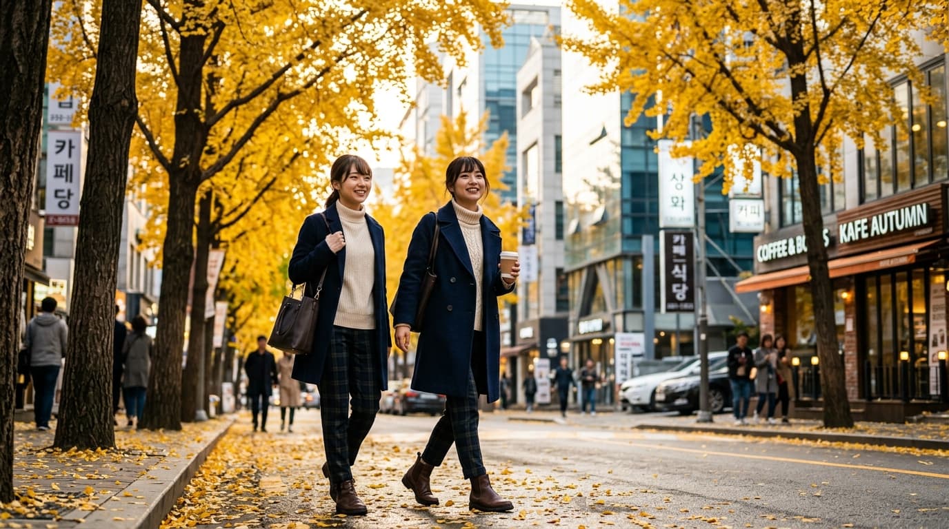 江南のイチョウ並木で紅葉を楽しむ女性の秋らしい風景