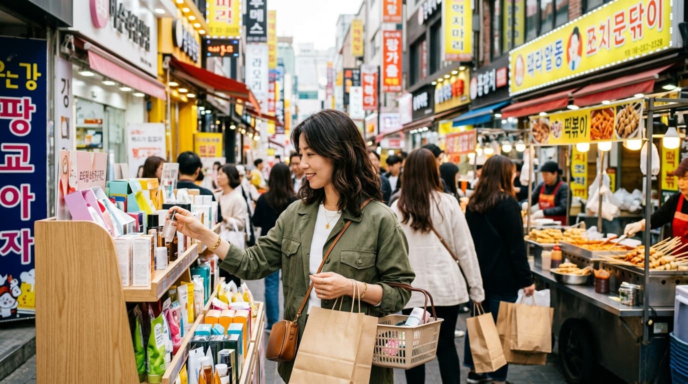 明洞のにぎやかな通りでお土産ショッピングを楽しむ日本人女性