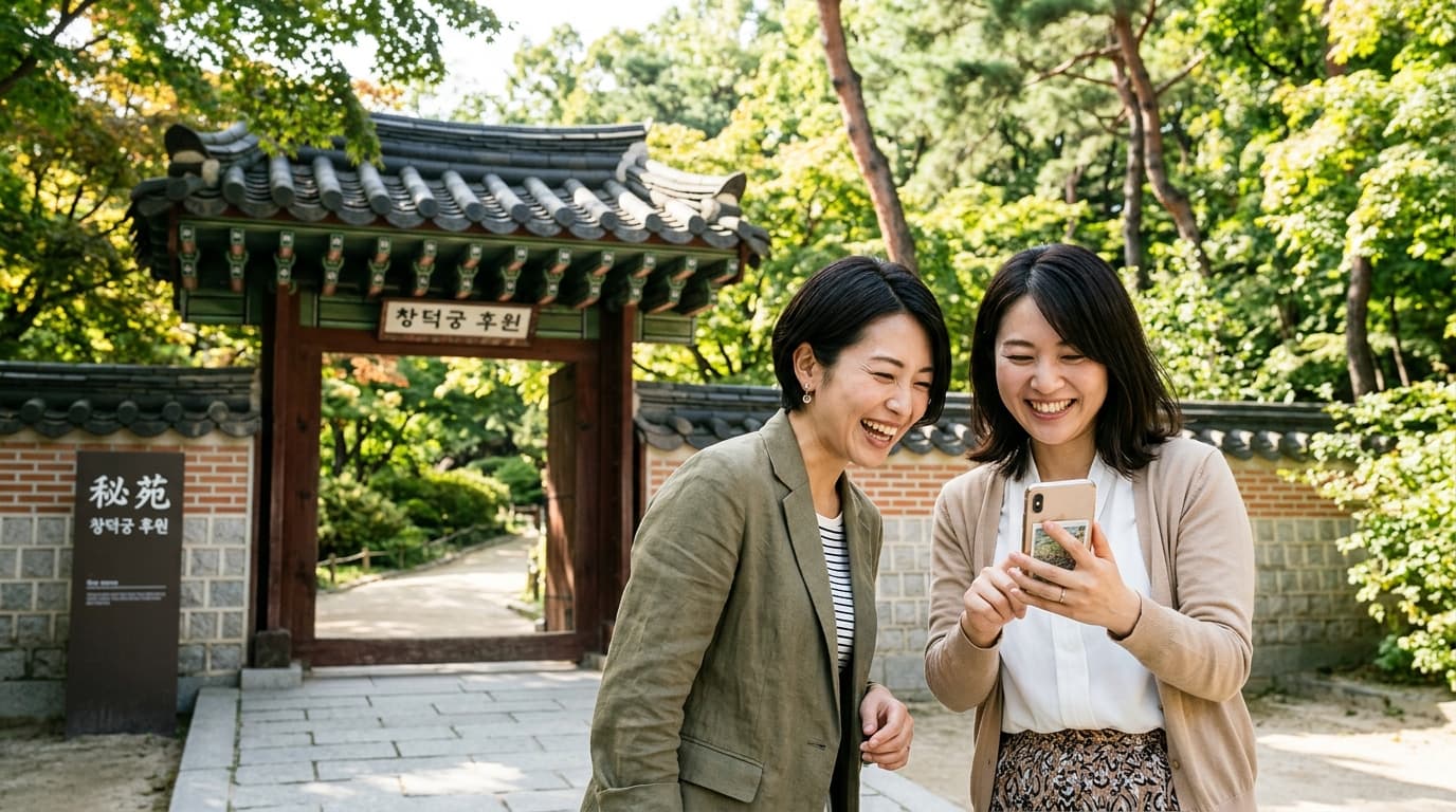 昌徳宮秘苑の入口でスマホを手にする日本人女性たち