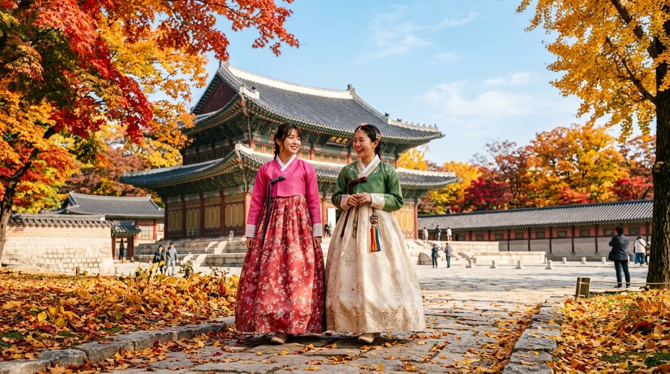 秋の景福宮で紅葉を楽しむ日本人女性と韓服姿の観光客の様子