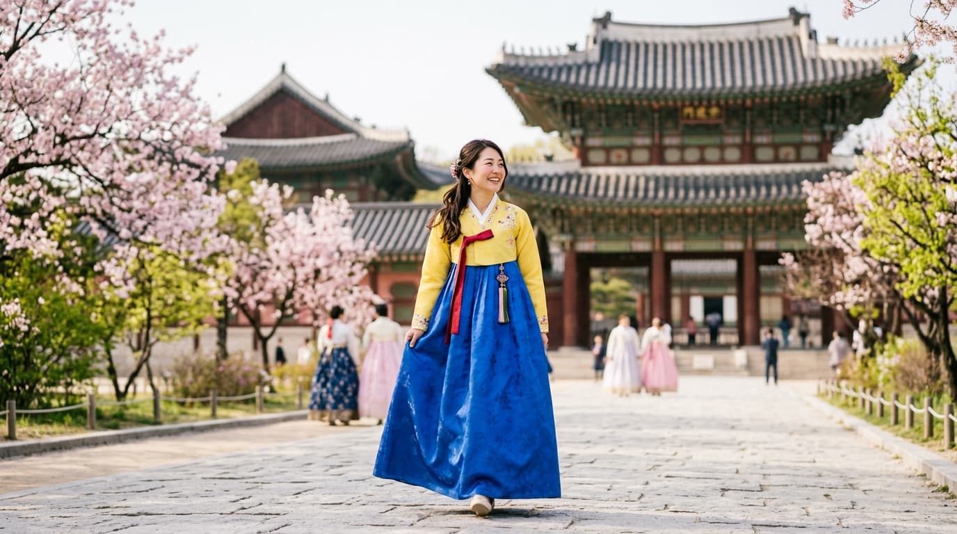 韓服を着た日本人女性が景福宮の前で楽しそうに歩いている