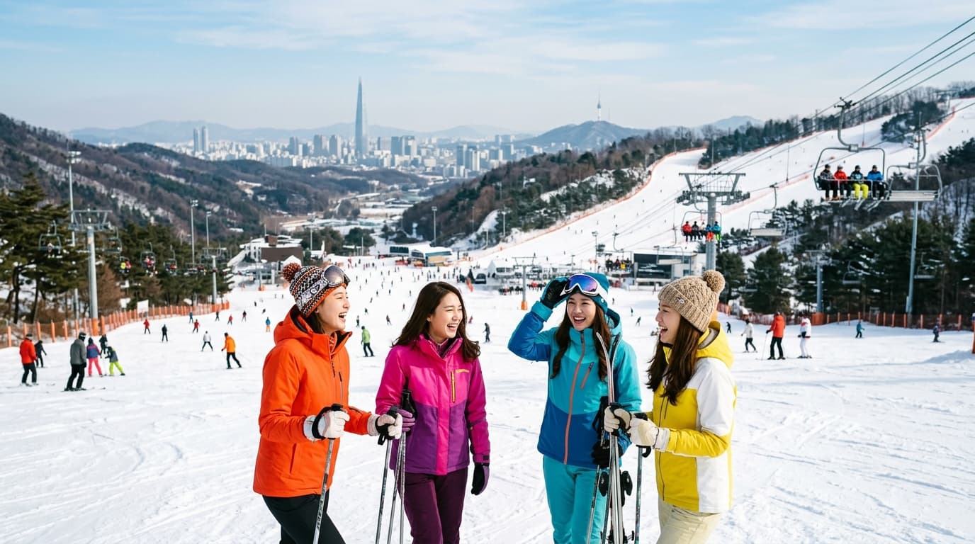 韓国の人気スキー場でカラフルなウェアを着た女性たちが滑走を楽しむ様子
