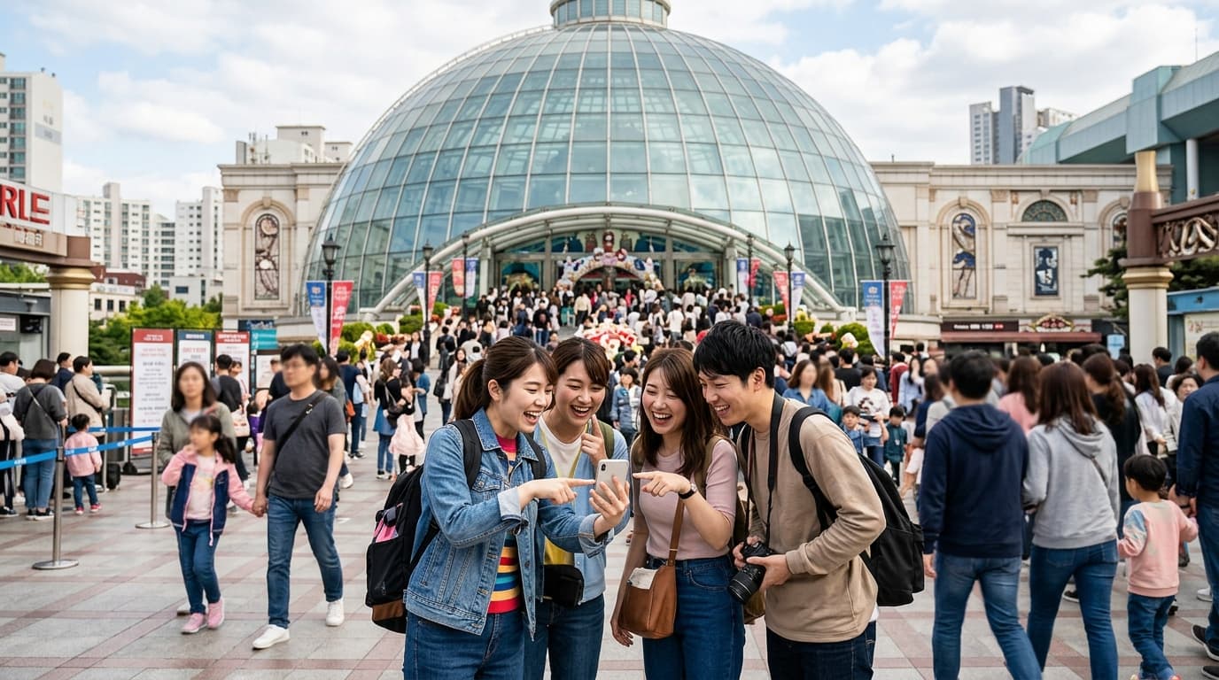 ロッテワールドのガラスドーム入り口前でスマホを使い待ち時間を確認する日本人観光客