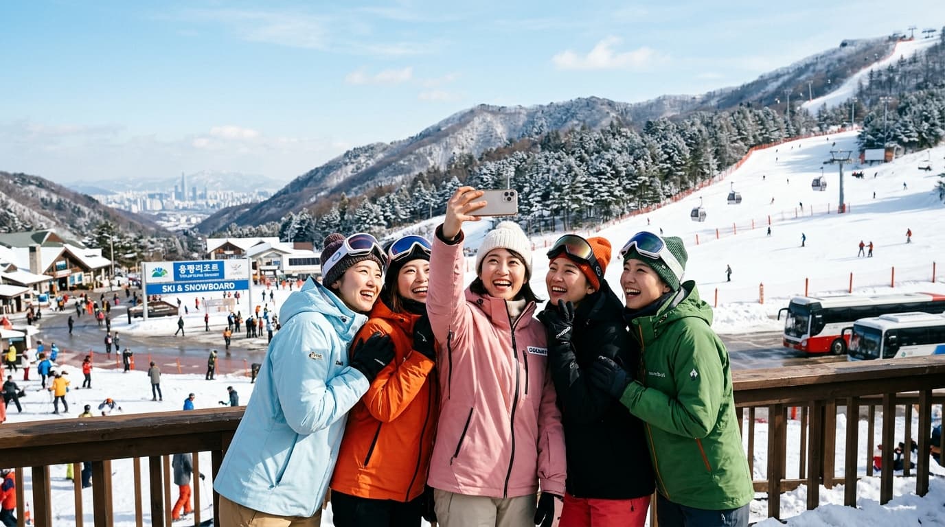 ソウル近郊の韓国スキー場でスキーウェア姿の日本人女性グループが雪山を背景に記念撮影