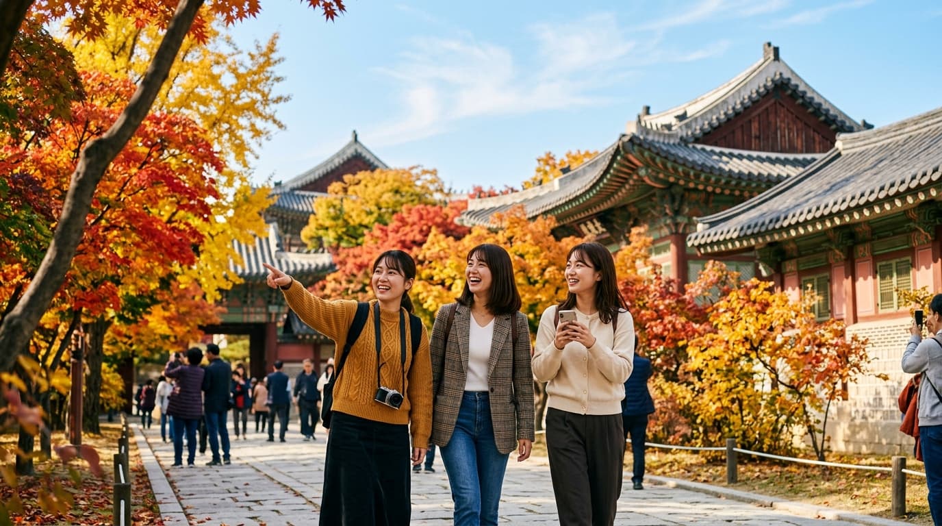 ソウル景福宮で紅葉を楽しむ女性たちの秋風景