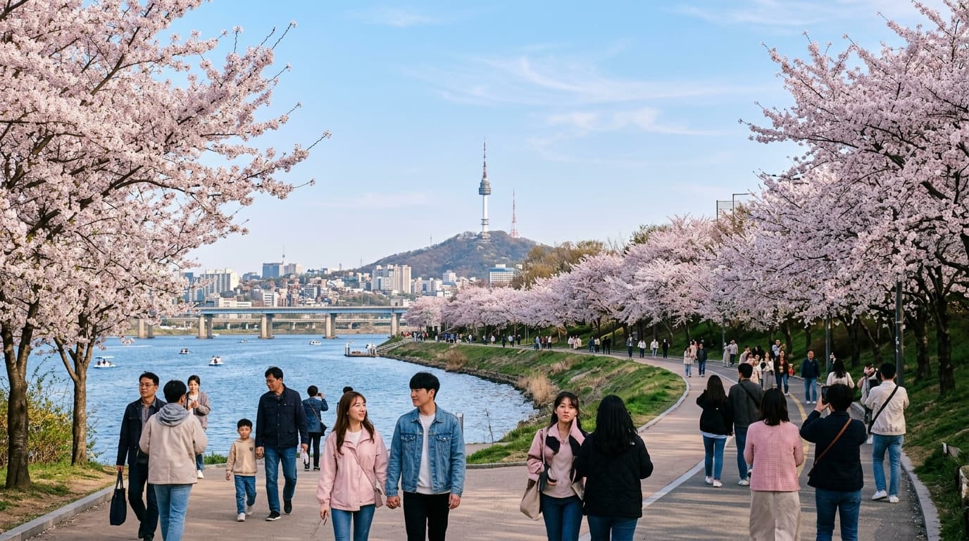 春のソウル、漢江沿いの満開の桜と遠くに見える南山タワー