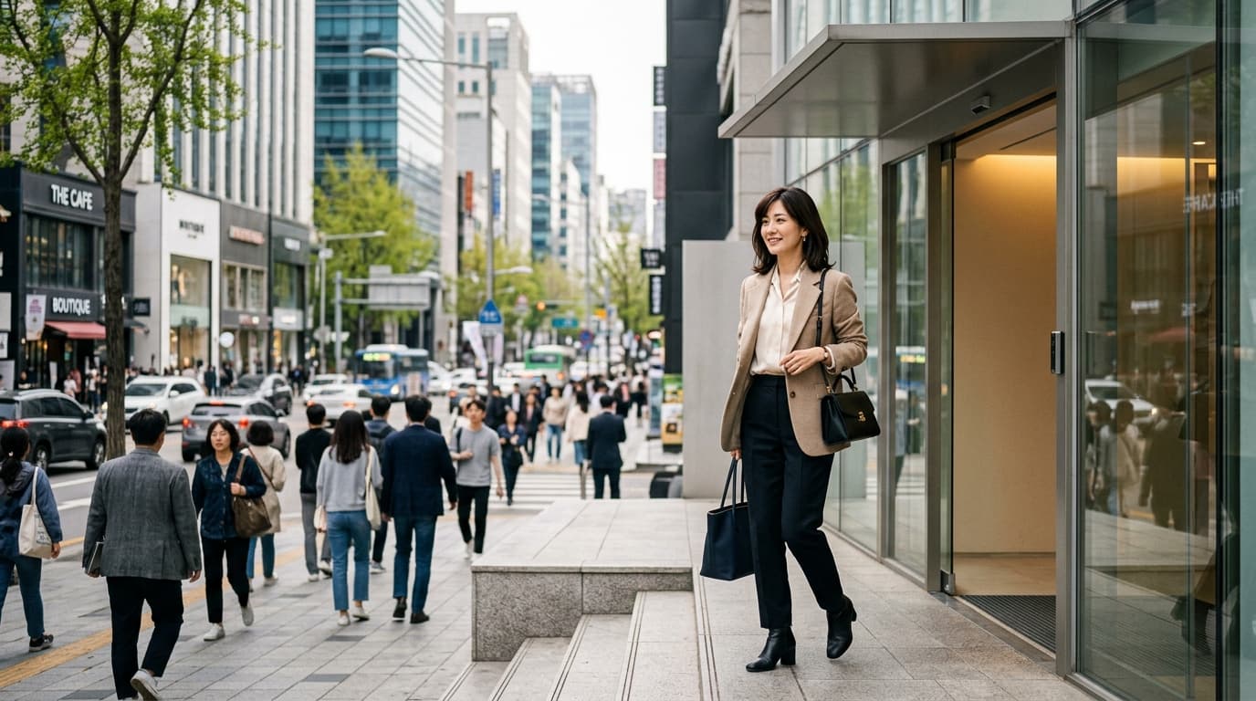 江南のSeyeクリニック前で微笑む日本人女性とカロスキルの街並み