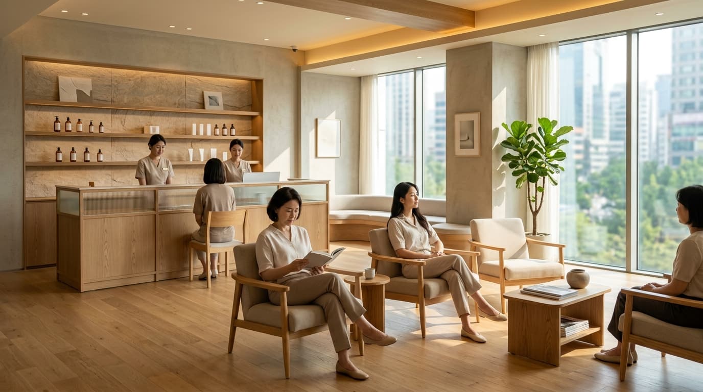 ソウル江南の美容皮膚科クリニック待合室の明るく現代的な風景