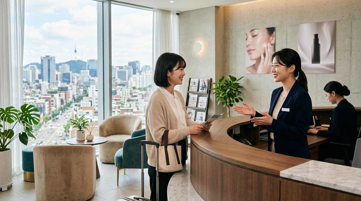 韓国の肌管理クリニック受付で日本人女性が通訳と話している様子
