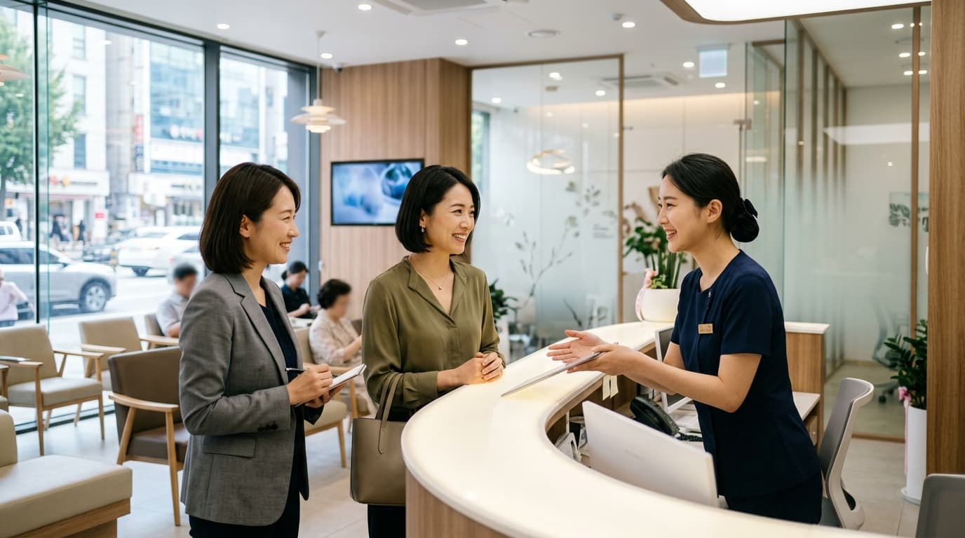 韓国ソウルの眼科受付で、日本人女性と日本語通訳がスタッフと話している様子