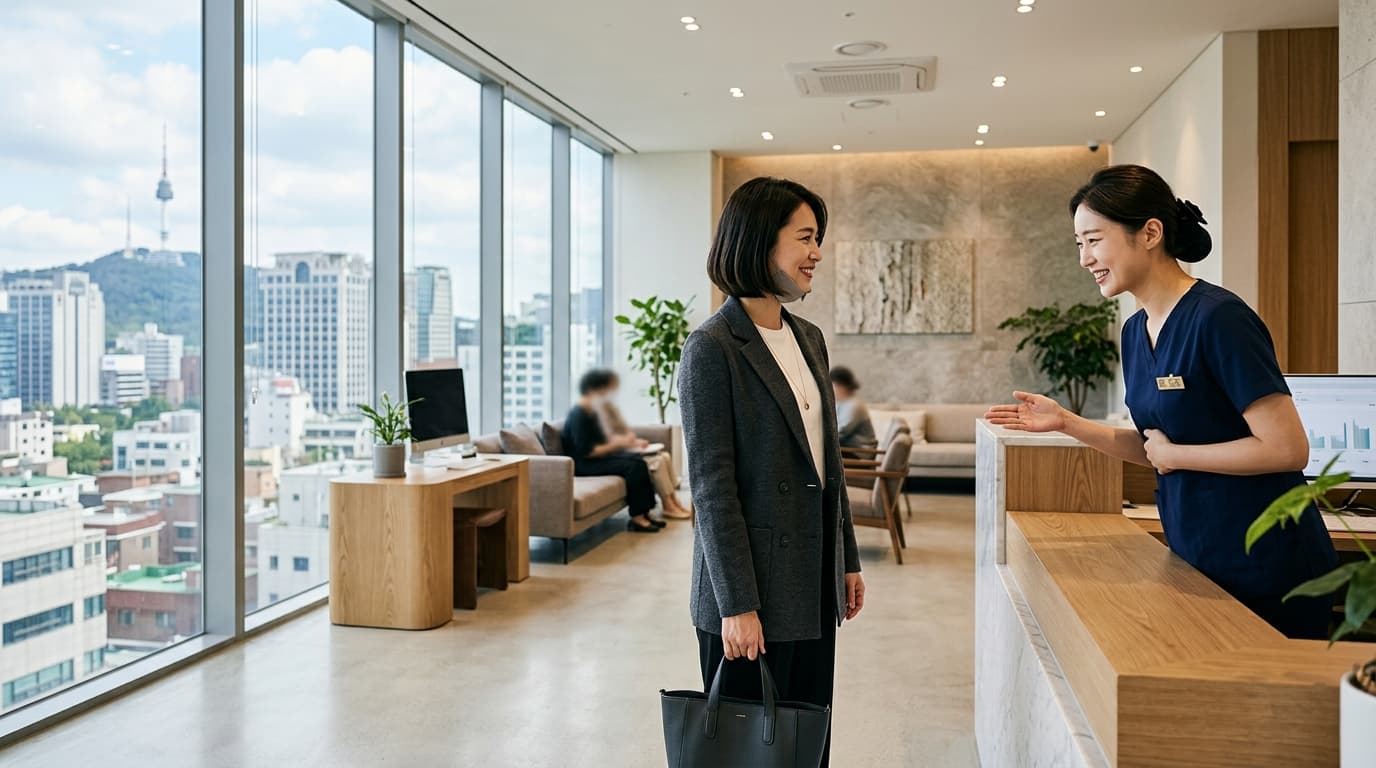 ソウルの現代的な眼科クリニック受付で日本人女性がスタッフに案内されている様子