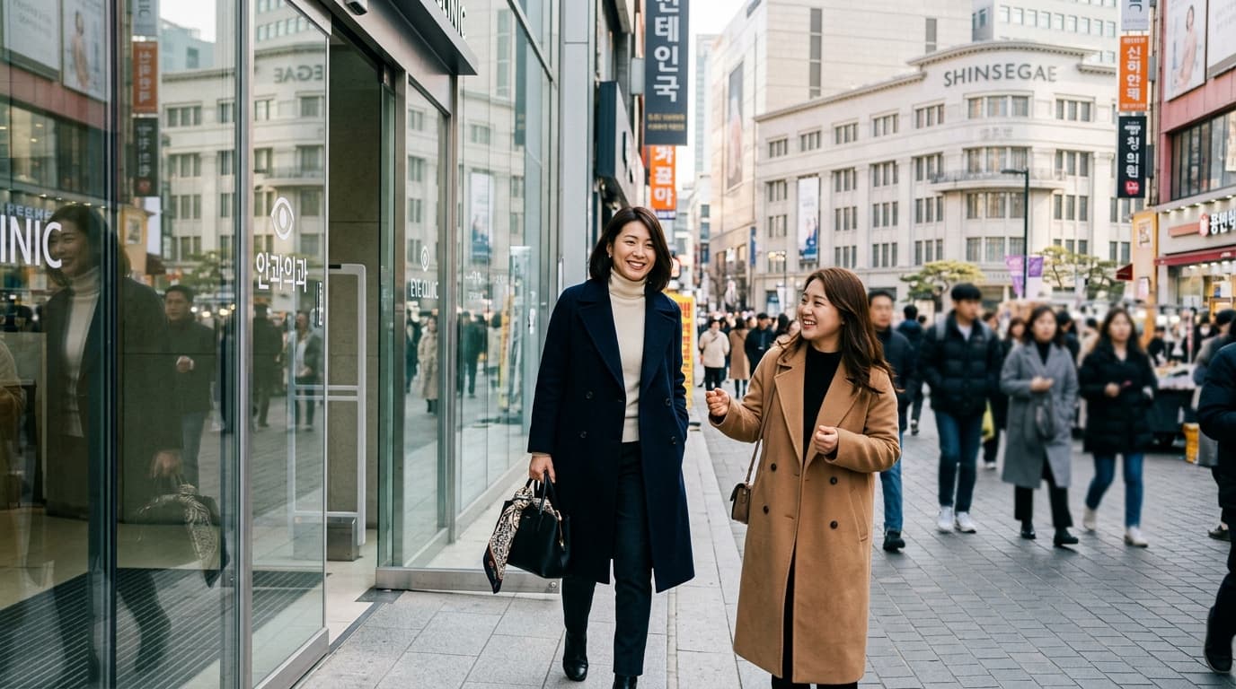 明洞の新世界百貨店近く、ガラス張りの眼科クリニックに入る日本人女性と日本語通訳