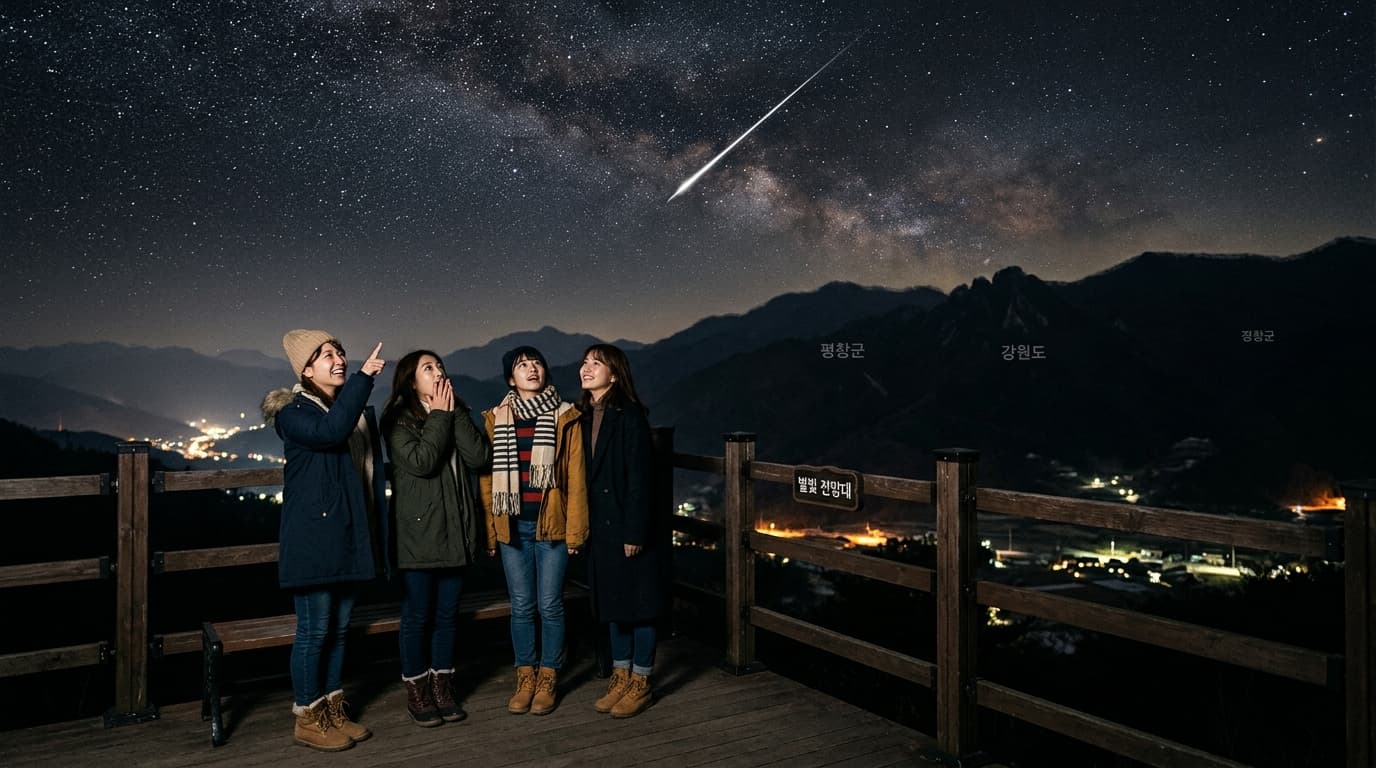 韓国の星空観測デッキで流れ星と夜景を見上げる日本人女性たち
