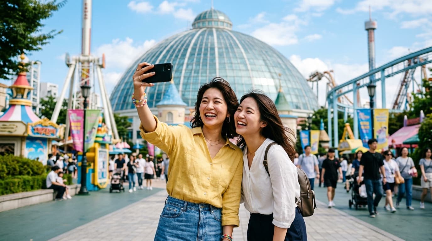 ロッテワールドでアトラクションや写真撮影を楽しむ日本人女性たち