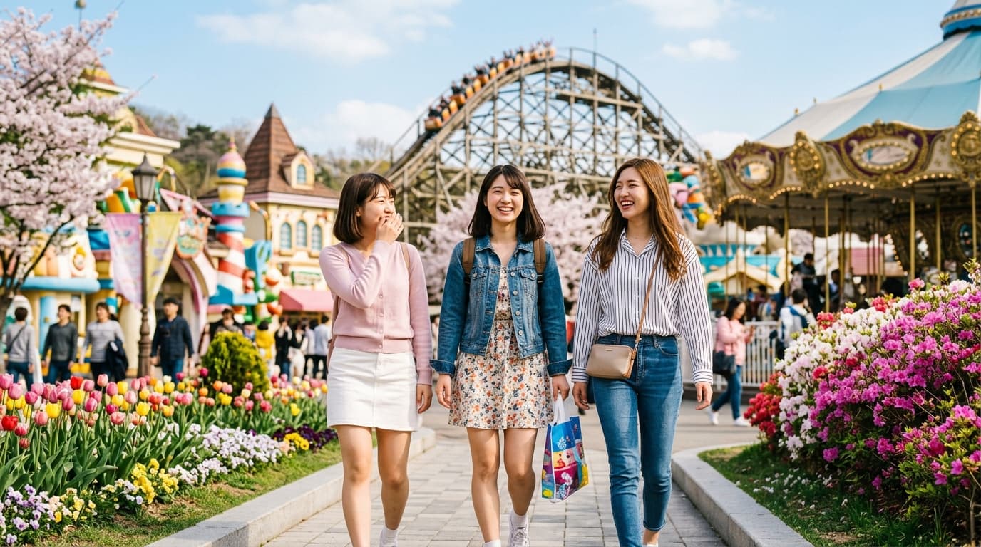 春のエバーランドで遊ぶ日本人女性グループの写真