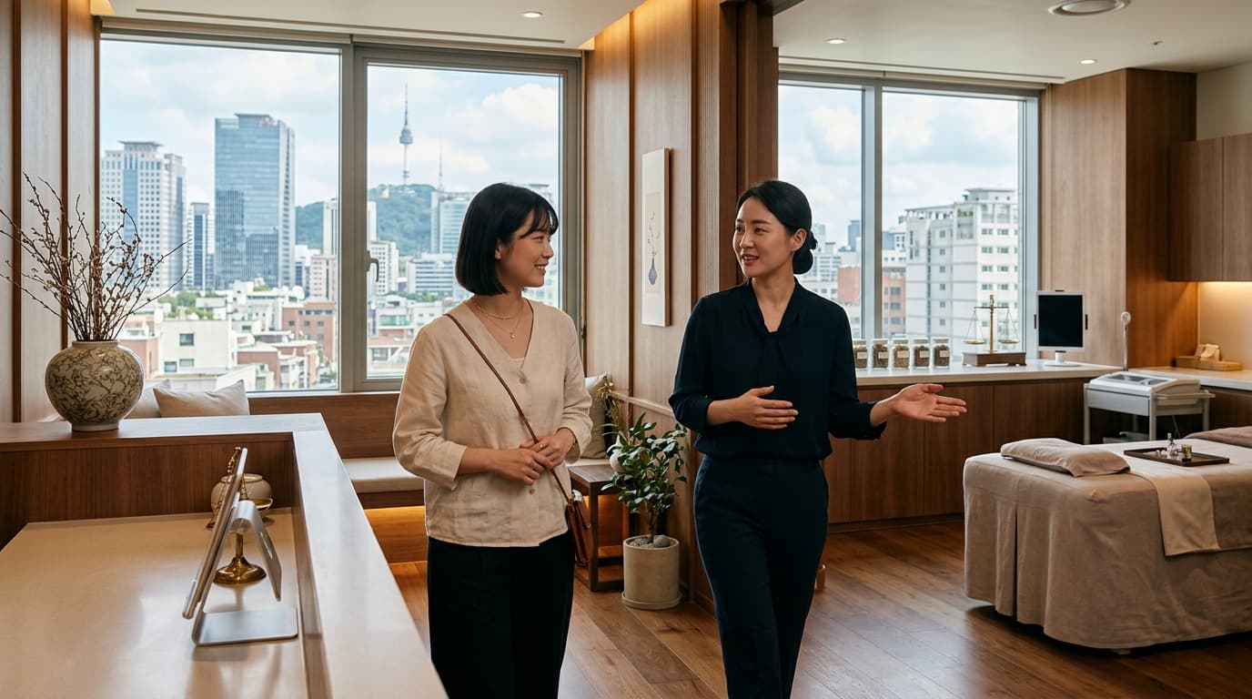 韓国の現代的な韓医院で日本人女性が通訳とともに受付している様子