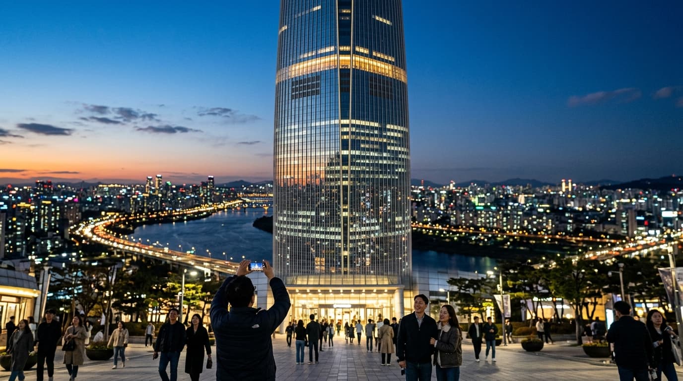 夕暮れ時のソウル市街とロッテワールドタワー、展望台の光が映える様子