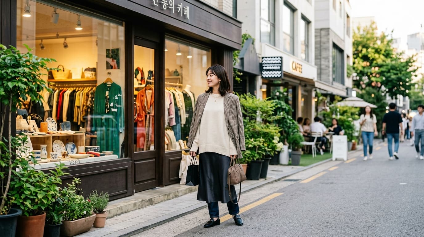 漢南洞のトレンドショップ前でショッピングを楽しむ日本人女性