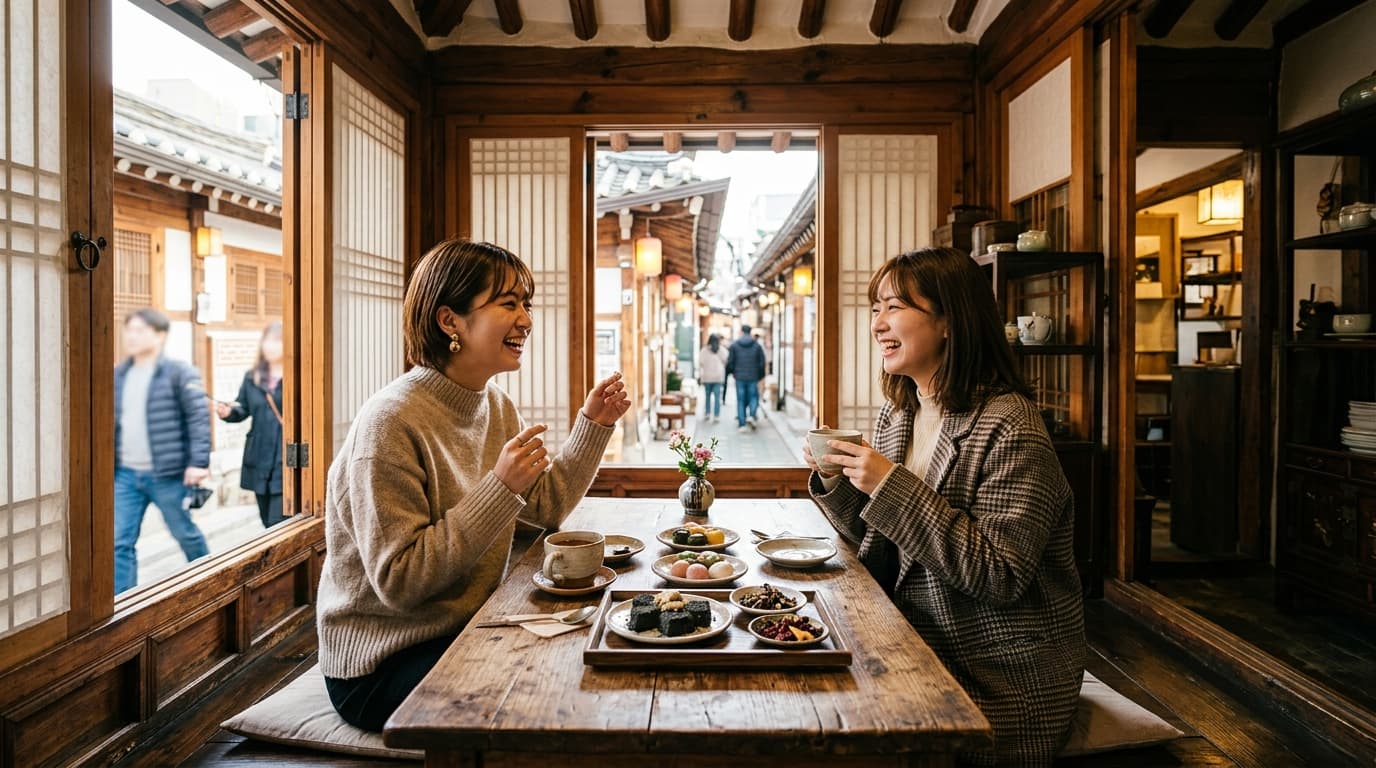 益善洞の韓屋カフェでくつろぐ日本人女性たちの様子