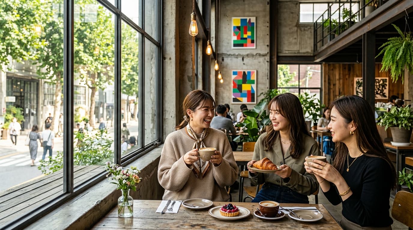 ソウル・聖水洞のオシャレなカフェで日本人女性がコーヒーとスイーツを楽しむ様子