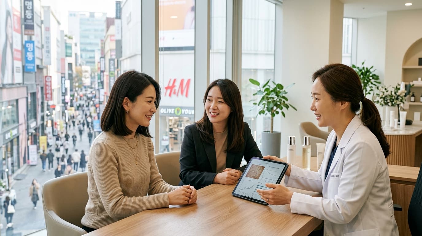 韓国の美容皮膚科で日本人女性が日本語通訳とカウンセリングを受けている様子