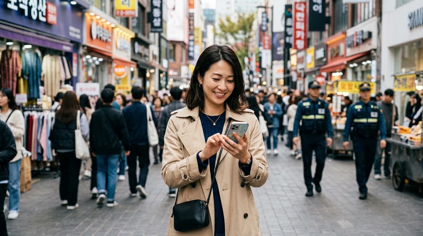 明洞の街並みでスマートフォンを使う30代日本人女性の旅行風景