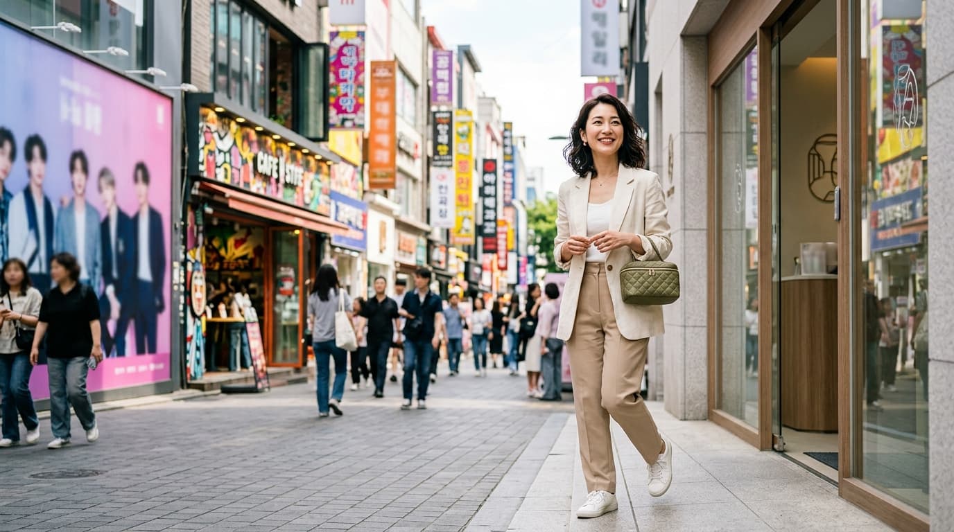 明洞の美容クリニック前でショッピングを楽しむ日本人女性