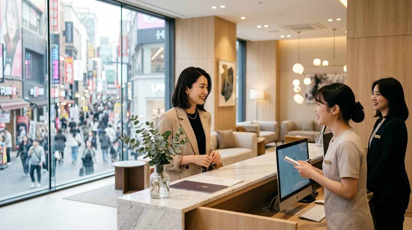 ソウルの美容皮膚科で日本人女性と日本語通訳が受付する様子、明洞の街並みが窓越しに見える