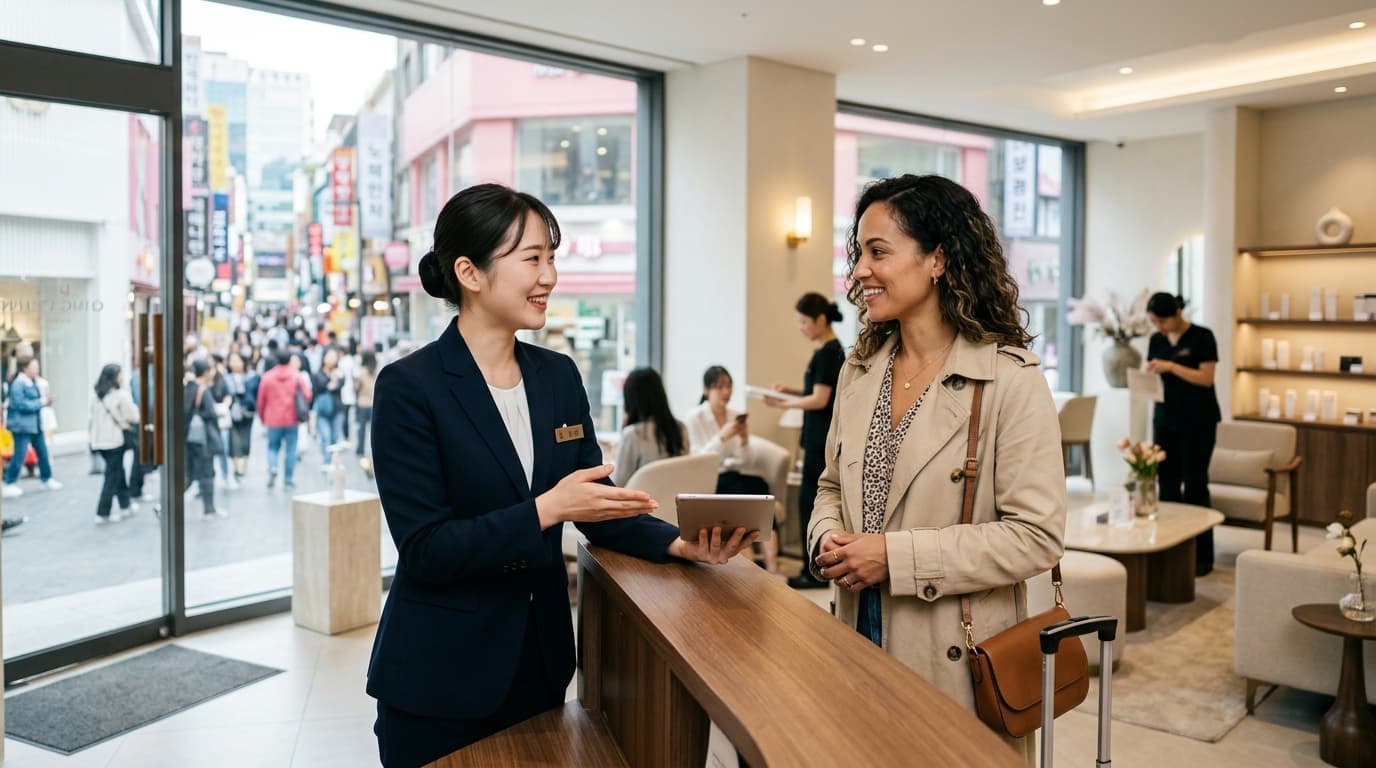 明洞の美容皮膚科で日本人女性と日本語通訳が笑顔で会話している様子