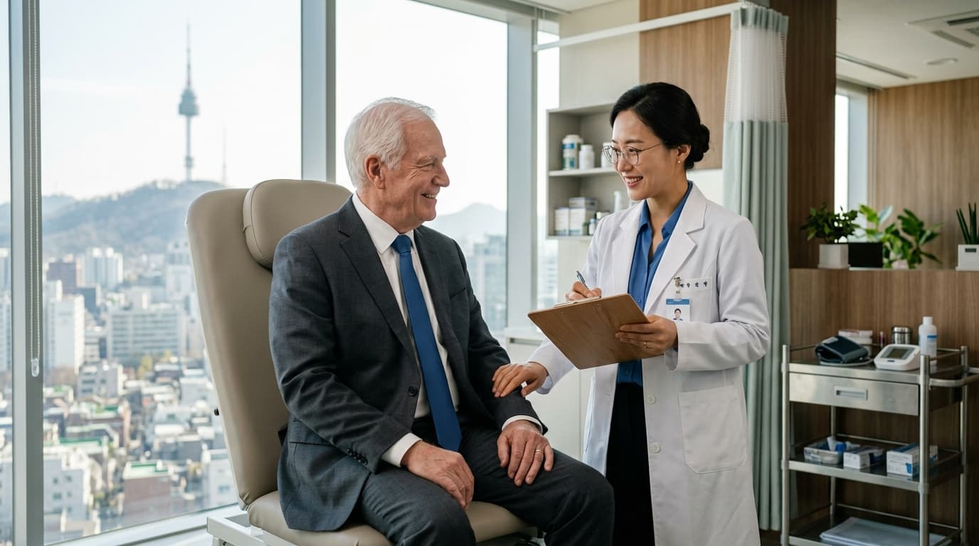 ソウルのクリニックで健康診断を受ける高齢男性と医師の様子