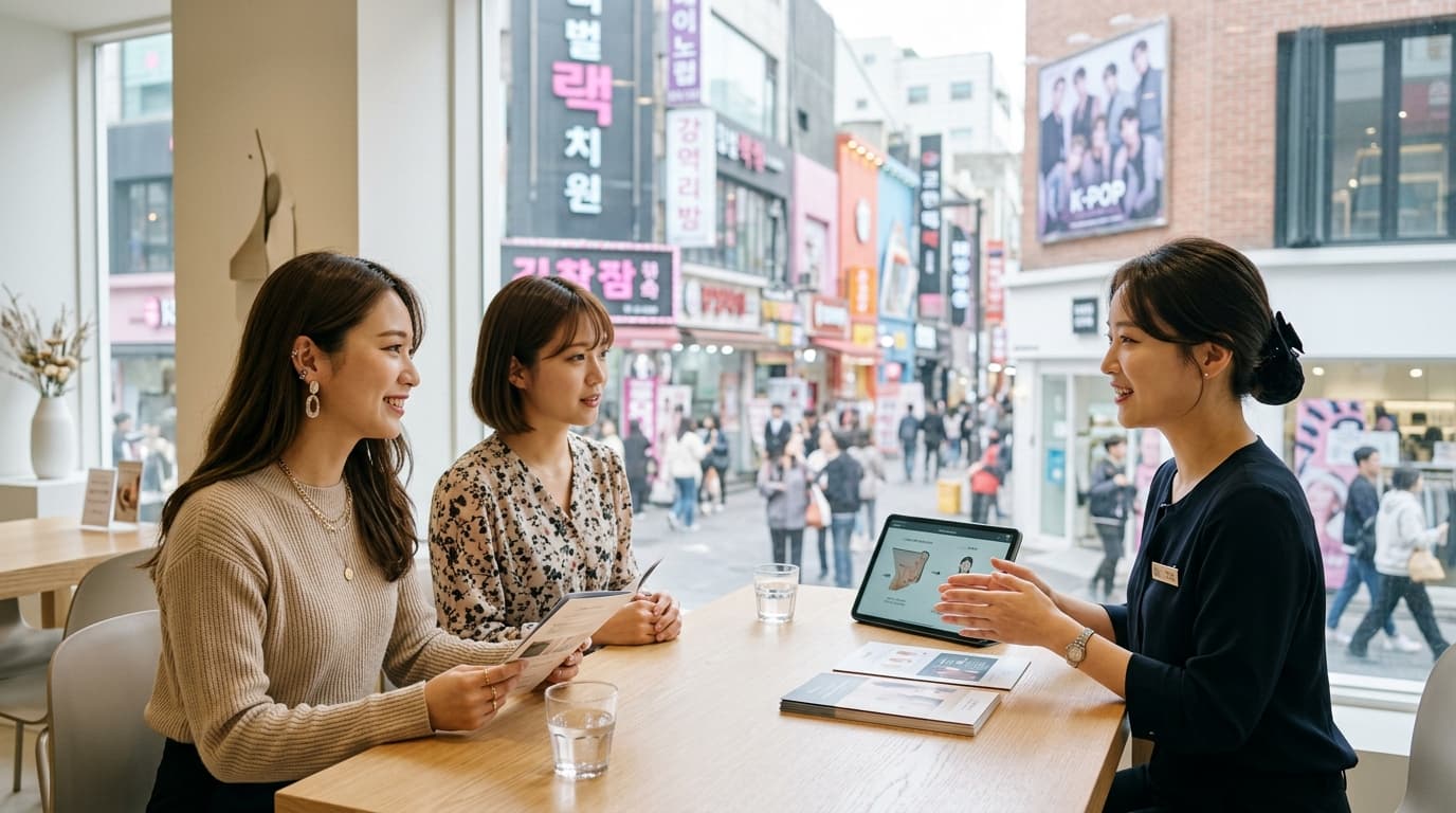 明洞の美容クリニックで日本人女性がスタッフと相談している様子