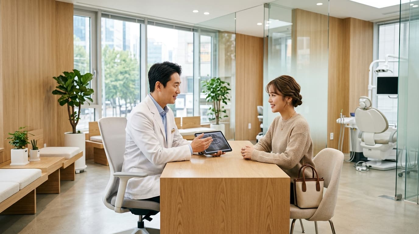 江南の歯科クリニックで日本人女性が相談する様子