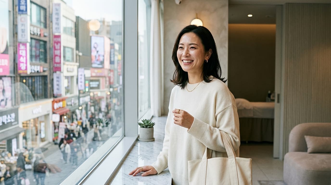 韓国ソウルの美容クリニックで施術後、明洞でショッピングバッグを持つ日本人女性