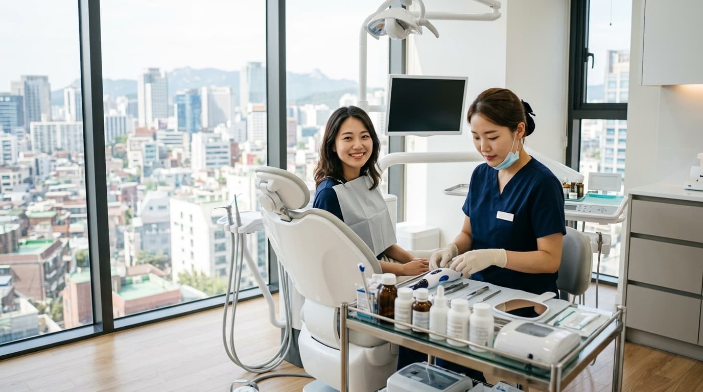 韓国ソウルの歯科クリニックでホワイトニング準備をする日本人女性