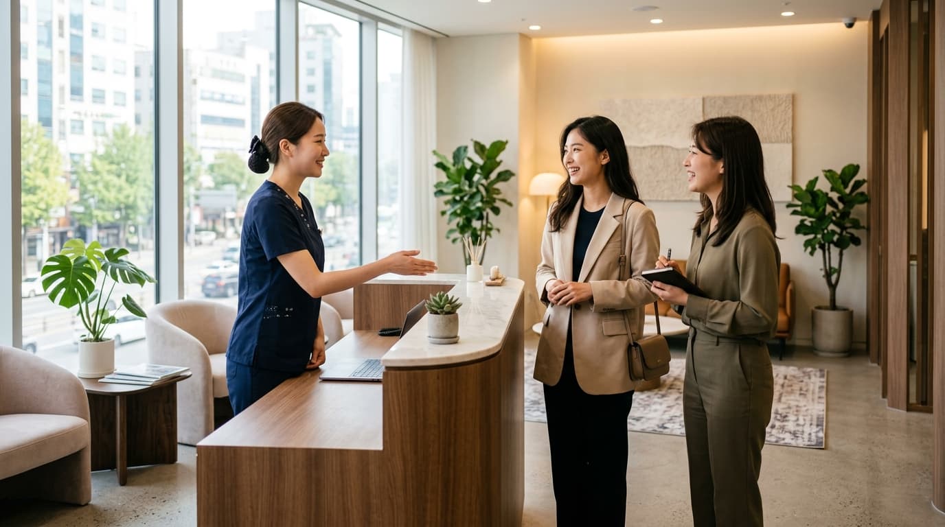 韓国ソウルの歯科クリニック受付で日本人女性が日本語通訳と共に案内されている様子