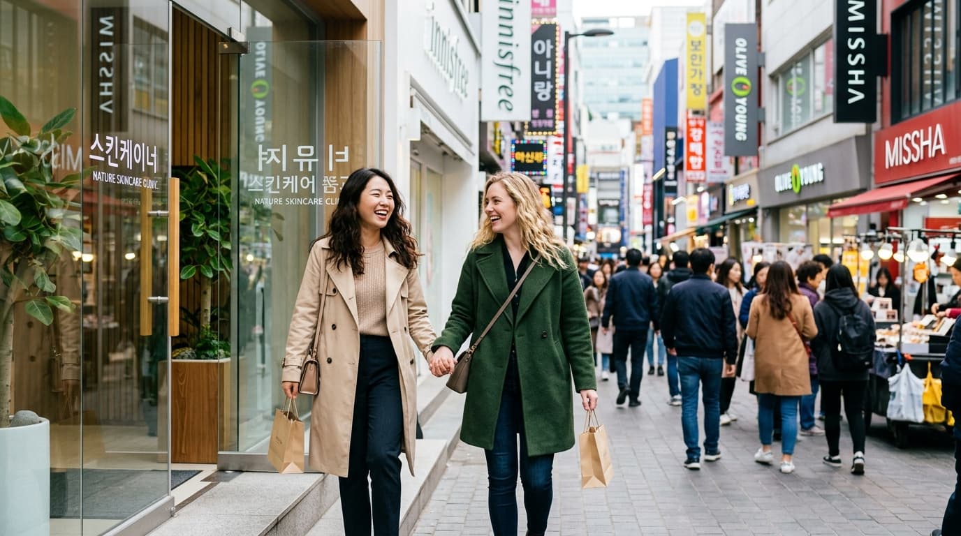 명동 피부과에서 나오는 한국인과 외국인 친구의 모습, 활기찬 서울 거리