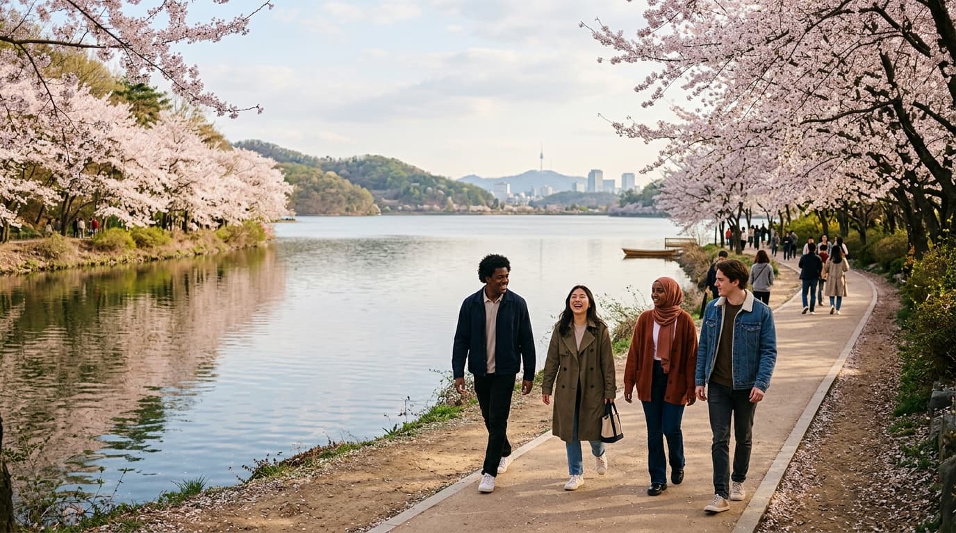 경기도 호숫가 벚꽃길을 산책하는 다양한 국적의 친구들 모습