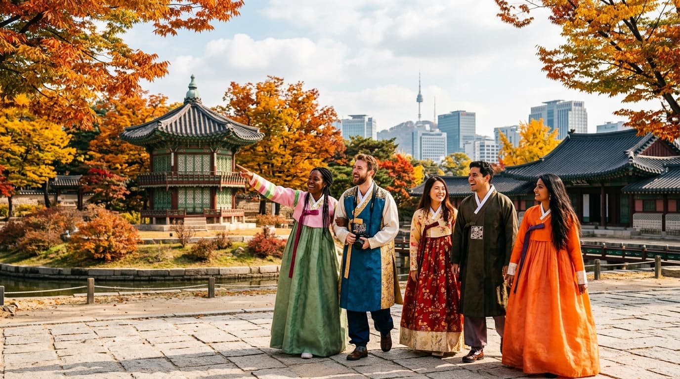 경복궁에서 한복 입은 외국인 친구들이 서울 여행을 즐기는 모습