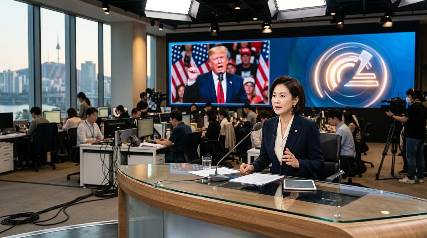 서울 뉴스 스튜디오에서 CNN과 트럼프 관련 방송하는 모습