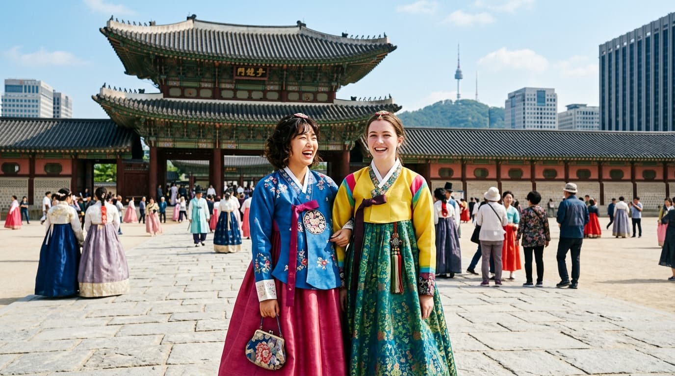 경복궁 정문 앞에서 한복 입은 한국인과 외국인 친구가 함께 걷는 모습