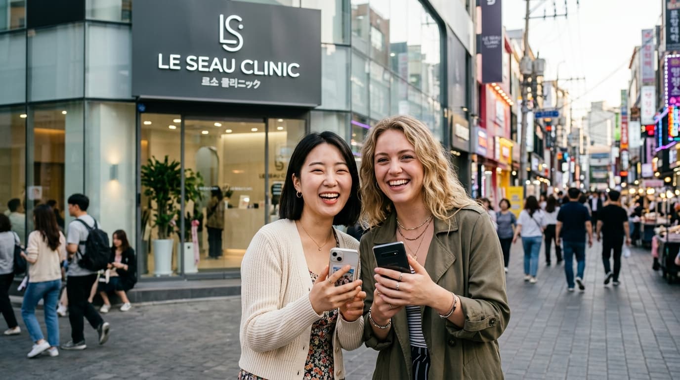 명동 피부과 앞에서 스마트폰을 든 한국인과 외국인 친구가 함께 웃는 장면